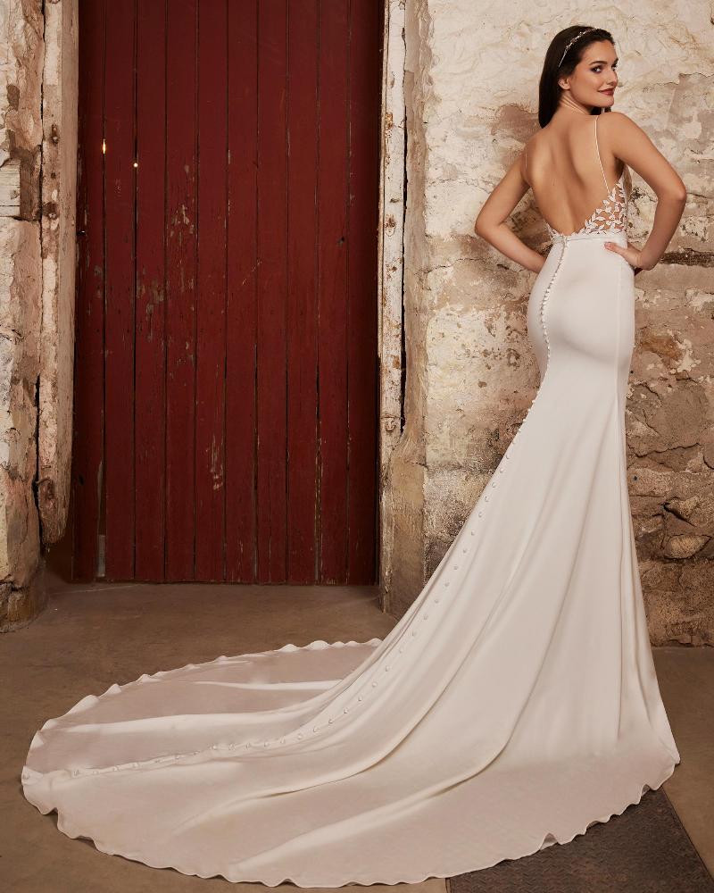 Lp2242 simple minimalist wedding dress with sheath silhouette and spaghetti straps2